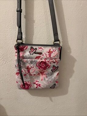 Floral Crossbody Bag with Butterfly Print - Pink/Gray